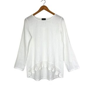 erzo Millennio Made in Italy Women's White‎ Linen Blouse Top Sz S Crochet Hem